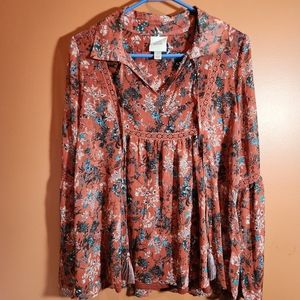 Knox Rose NWOT, 2 pc boho blouse w tank top Small rusty orange, floral
